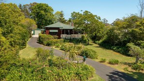 A house with a green roof, surrounded by lush greenery and a paved driveway.