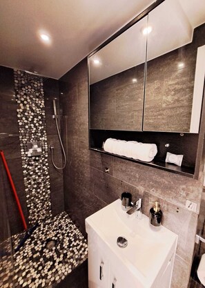 Shower, hair dryer, towels, soap