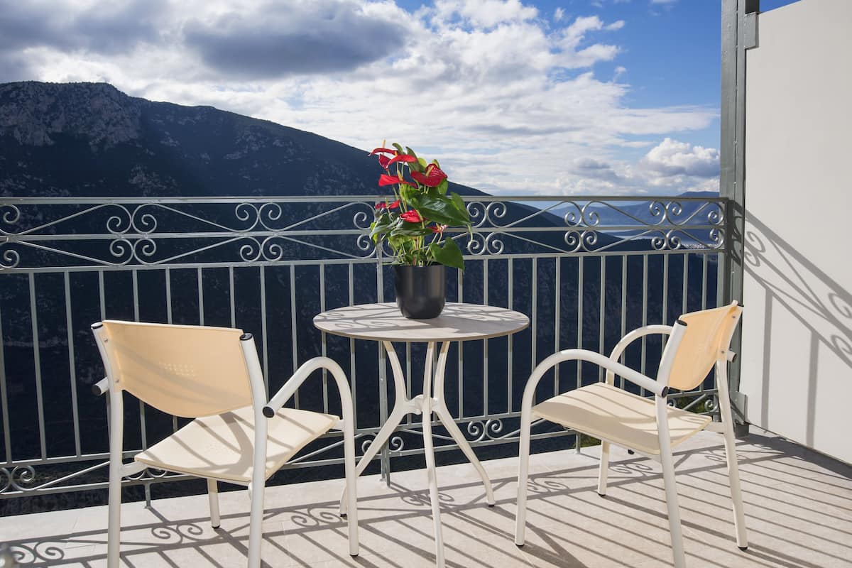 A balcony with two white chairs, a small round table, and a potted plant.
