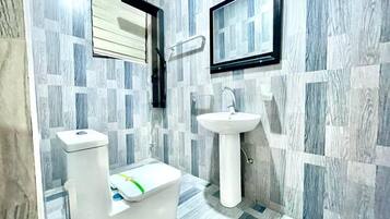 Shower, hair dryer, soap, shampoo