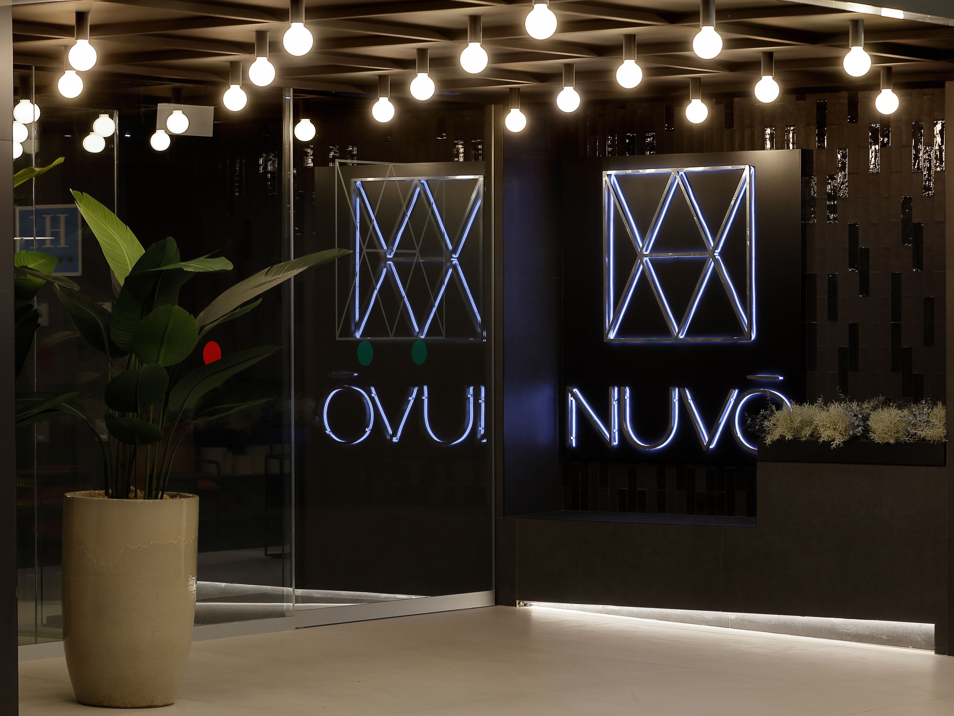 Een moderne entree met verlicht geometrisch signage en een grote potplant.