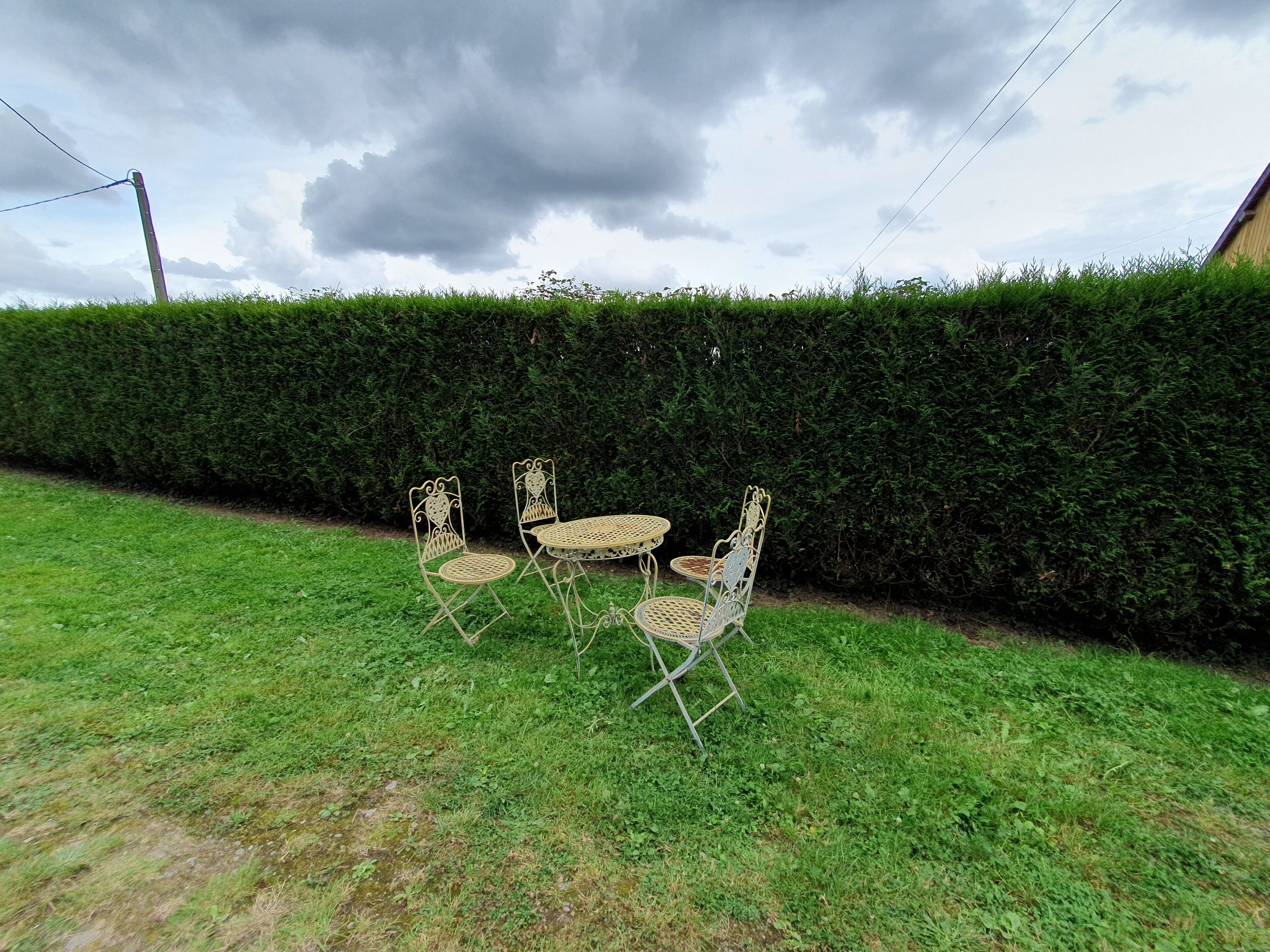 A garden area with a hedge, a table, and two chairs.
