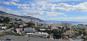 A coastal cityscape with a mix of residential and commercial buildings, a prominent hill in the background, and a clear view of the sea.