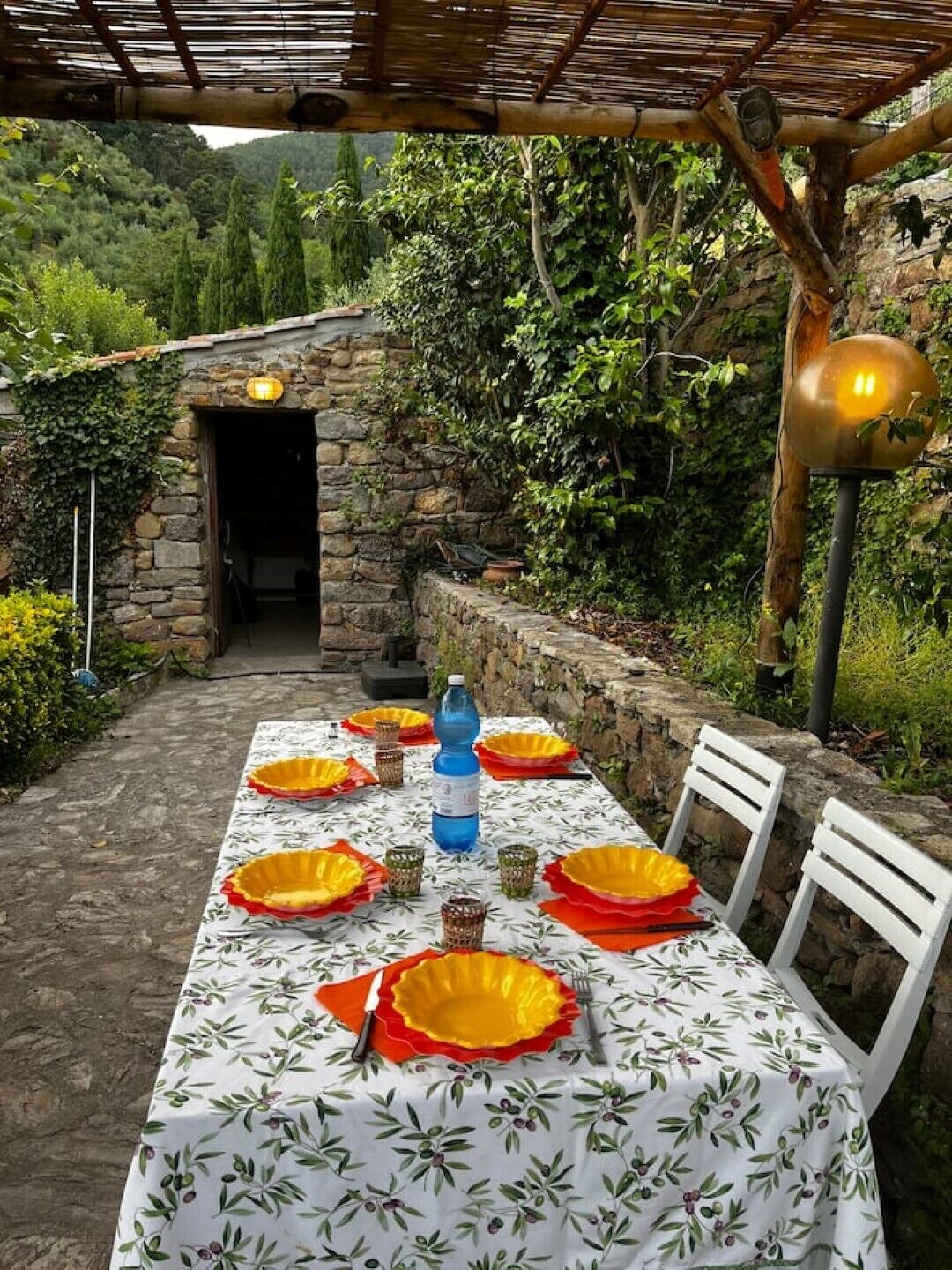 Een terras met een stenen muur, een pergola en uitzicht op het omliggende groen.