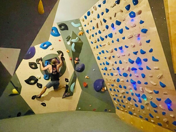 A person climbing a wall with variously shaped holds.