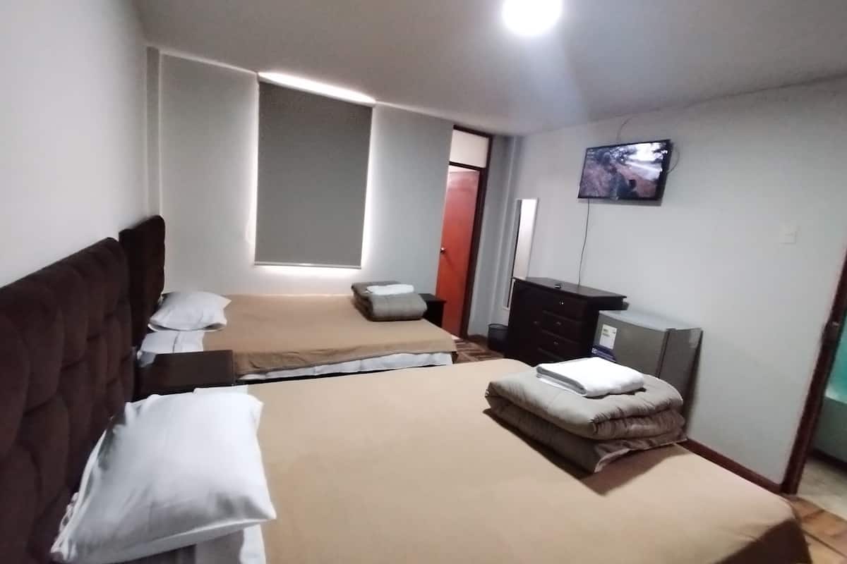 A room with two beds, a TV, a dresser, and a door.