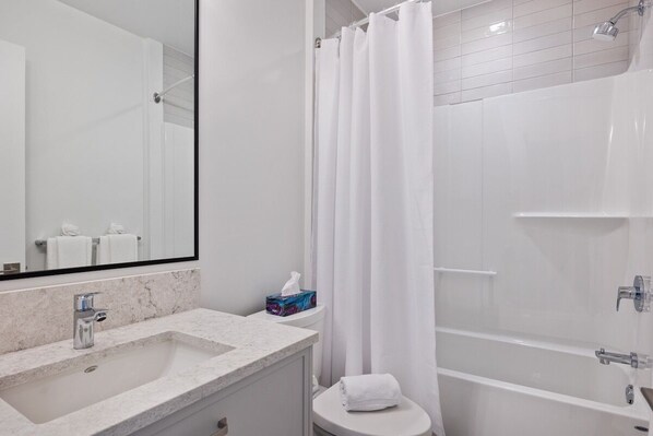 A bathroom with a sink, mirror, toilet, and bathtub. - Coastal Haven at THE BEACH HOUSE (Black Creek)