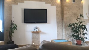 Ein Wohnzimmer mit einem an einer Steinwand montierten Flachbildfernseher, einem kleinen Regal mit Dekoration und zwei Blumentöpfen.