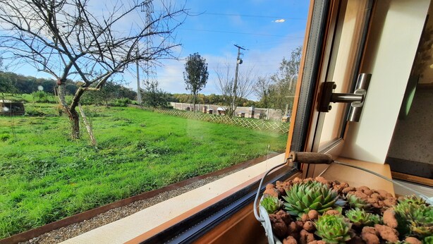 A window with a view of a green field and a metal pot with succulents on the sill. - Gîte La Ruchette (Sainte-Marguerite-sur-Duclair)