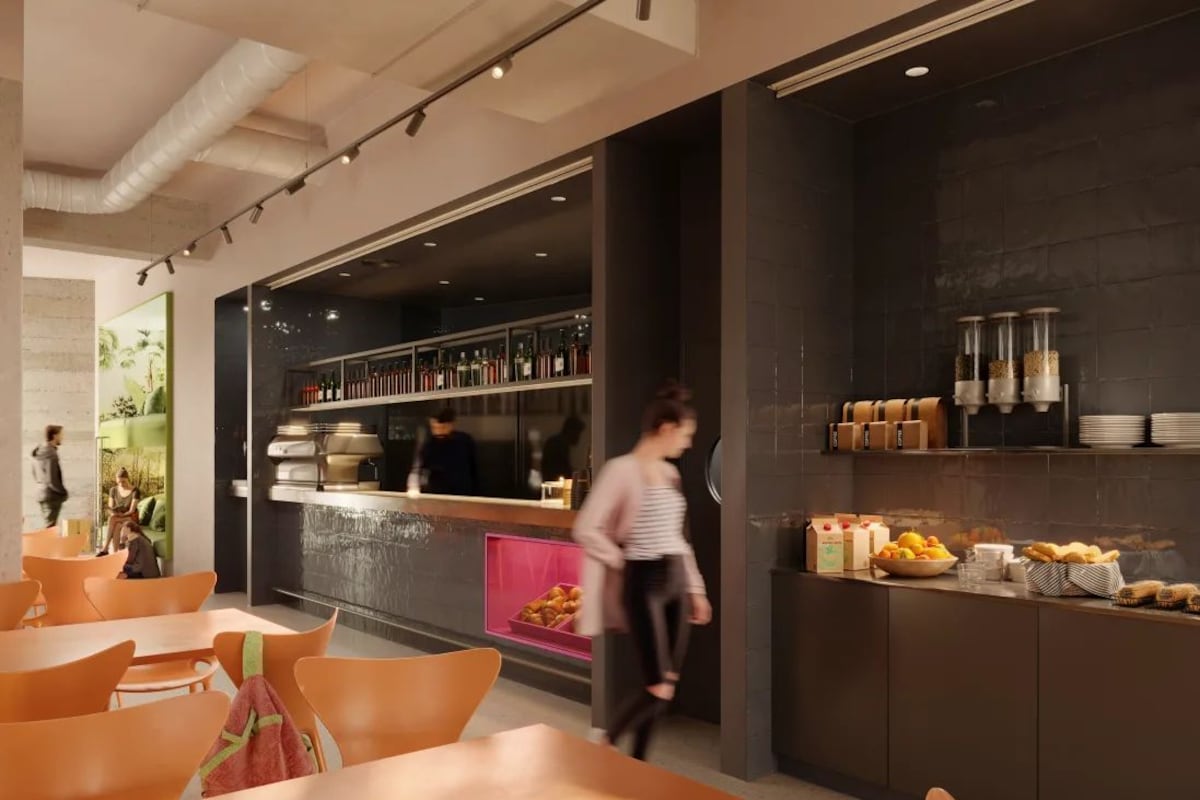 Un café moderne avec des chaises orange et un comptoir où sont exposés divers plats.