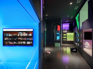 Laptop workspace, blackout drapes, soundproofing, iron/ironing board