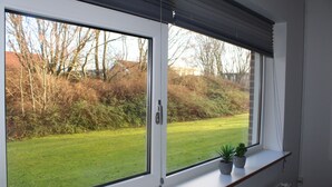 Ein Fenster mit Blick auf eine Rasenfläche und Bäume.