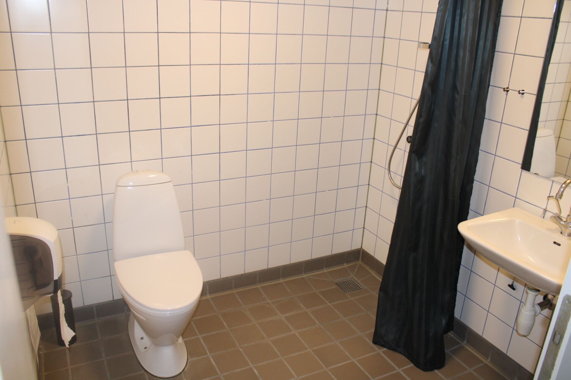 Un bagno con il water, un lavandino e una tenda da doccia.