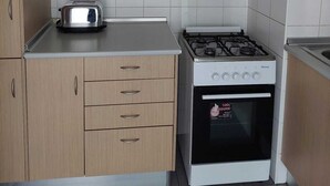 Une cuisine compacte avec des meubles en bois, un grille-pain encastré et une cuisinière à gaz blanche.