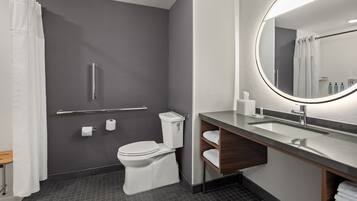A modern bathroom with a toilet, sink, and mirror.
