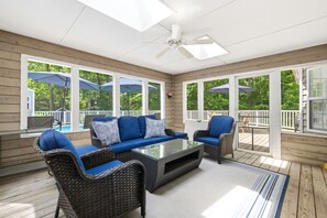 TV, fireplace - Union Pier Home with Private Pool and Association Beach! (Union Pier)