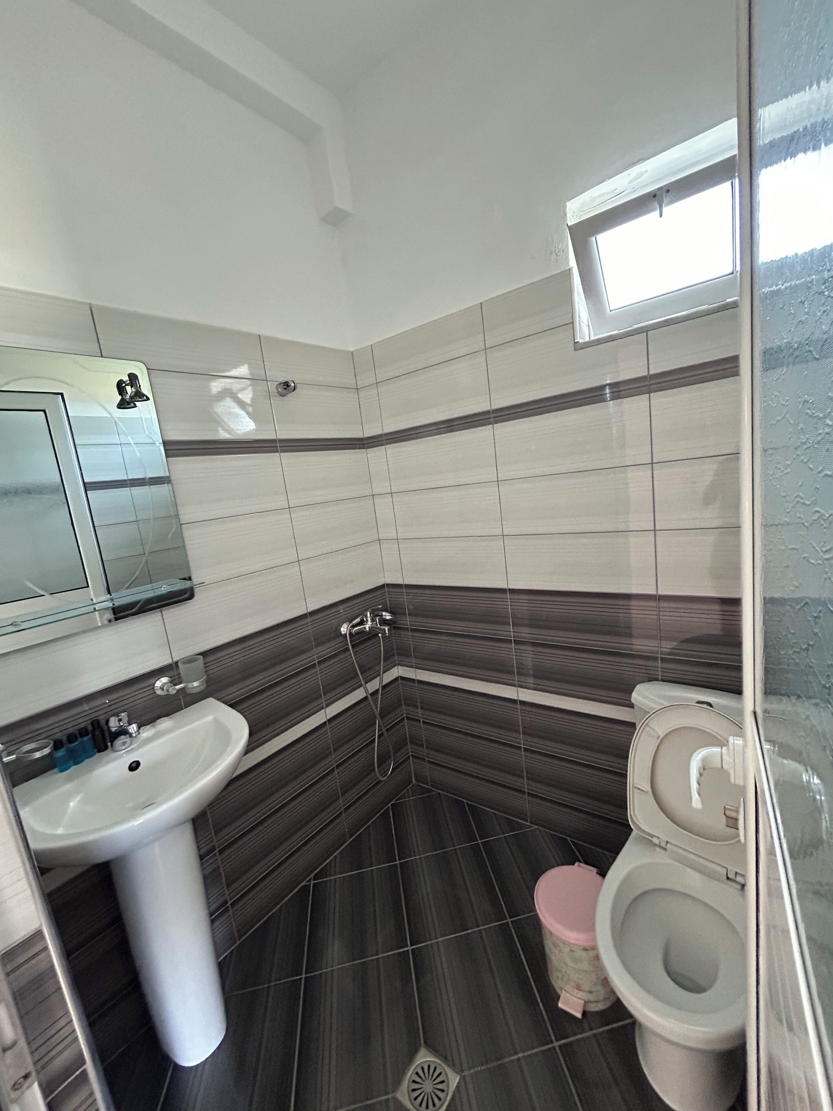 A bathroom with a sink, mirror, shower, and toilet.