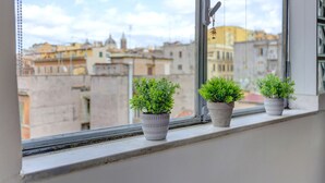 Finestra amb tres plantes en testos damunt d'un balcó, amb vista a un paisatge urbà ple d'edificis.