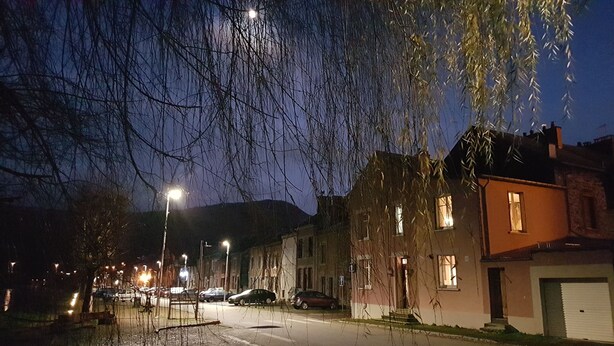 Een woonstraat in de schemering met huizen, geparkeerde auto's en lantaarns.