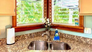 A kitchen with a granite countertop, stainless steel sink, and wooden window frames.