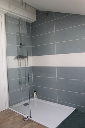 Shower, hair dryer, soap, shampoo