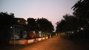 A dirt road flanked by trees and buildings with string lights. - Rio Forest Resort (Karjat)