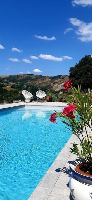 Piscine extérieure en saison, parasols, chaises longues