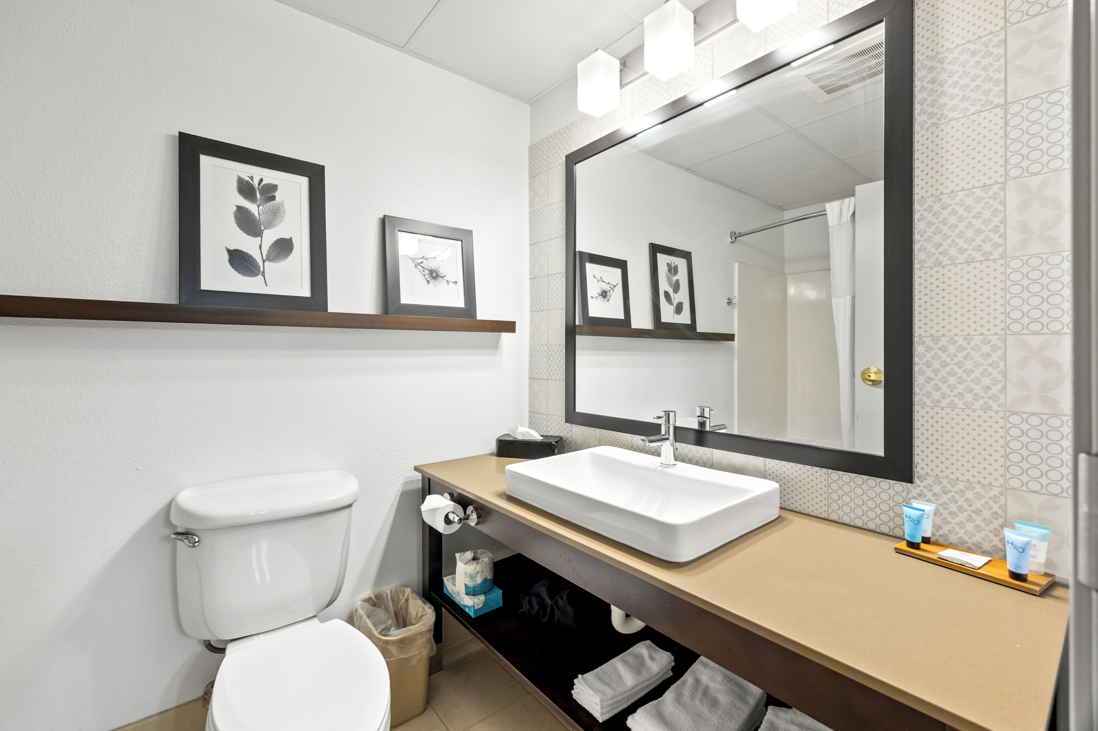 A modern bathroom with a white toilet, a large mirror, framed botanical prints, and a vanity with toiletries.