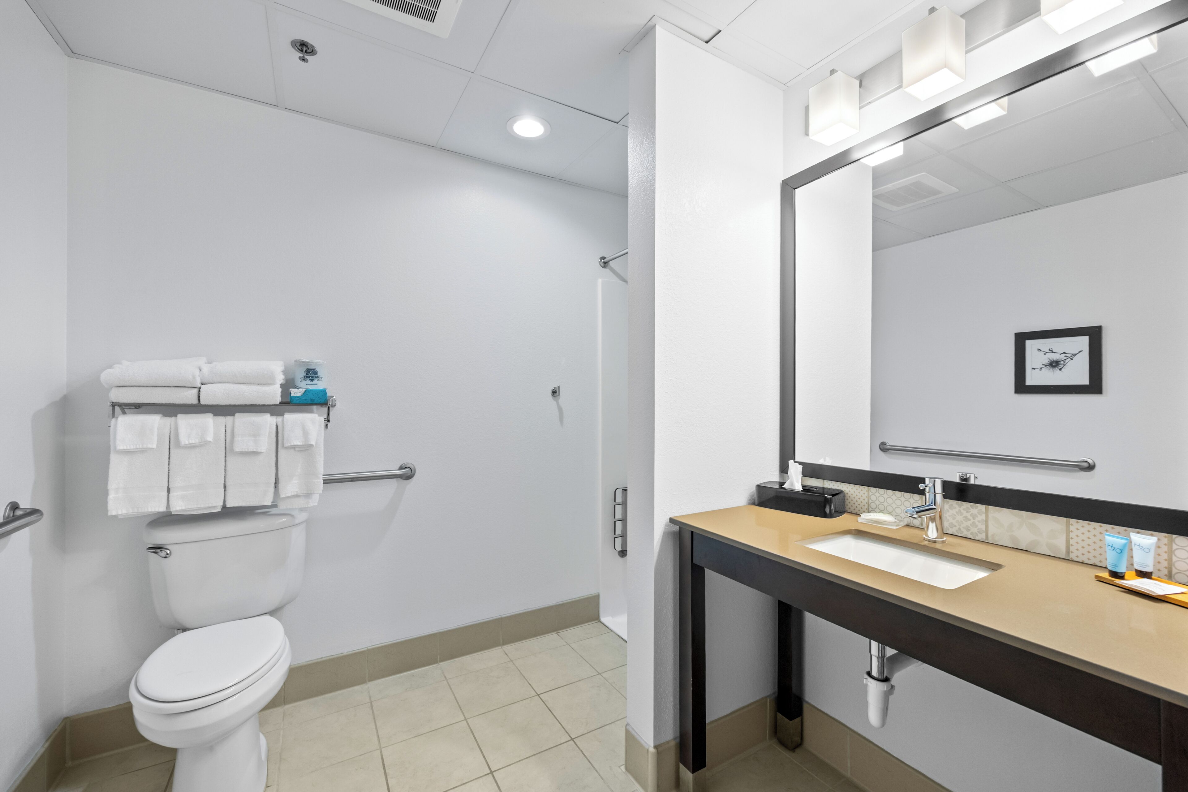 Un baño moderno con inodoro, lavamanos y ducha.
