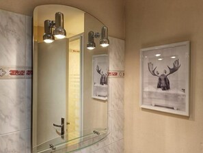 Shower, hair dryer, soap