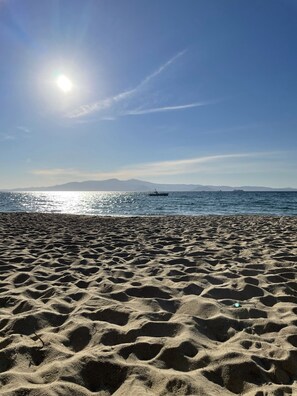 On the beach, beach towels