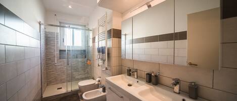 Shower, hair dryer, bidet, towels