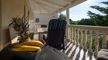 A covered outdoor seating area with a wicker table holding a pineapple and bananas, a wicker chair, and a view of the surrounding greenery.