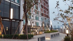 Un edificio moderno con un camino pavimentado con baldosas, macetas con árboles e iluminación exterior.