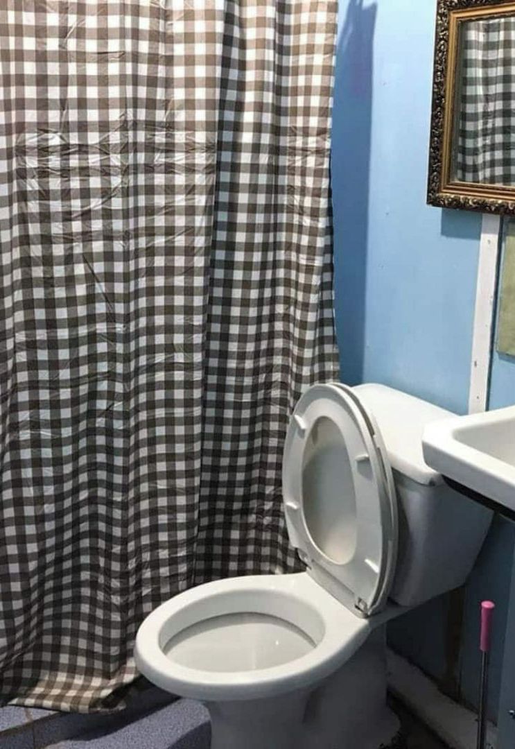 Ein Badezimmer mit Toilette, blauer Wand und einer karierten Duschvorhang.