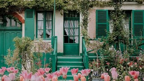 Un bâtiment avec des volets verts et un escalier menant à l’entrée.