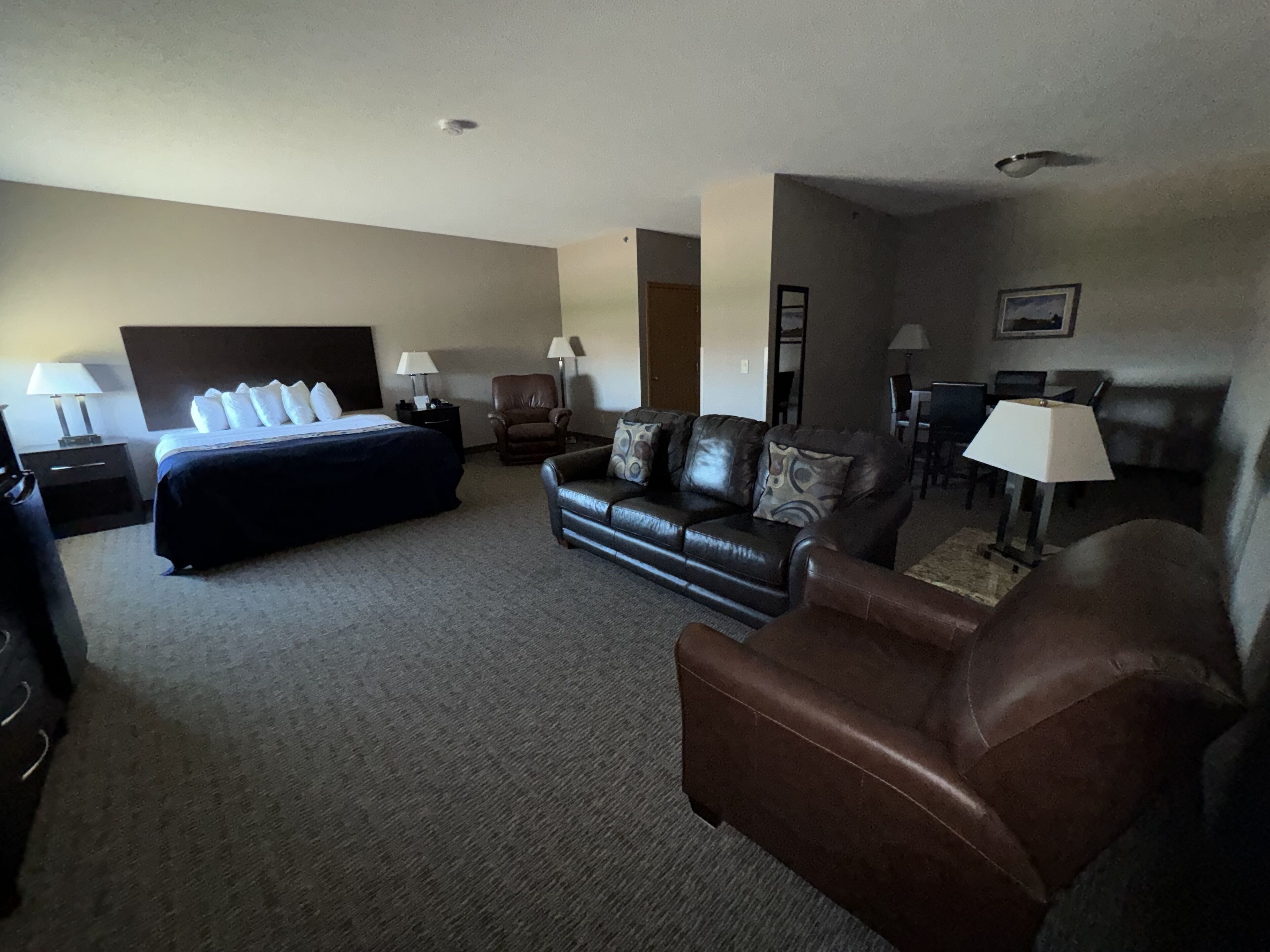 A hotel room with a bed, a sofa, a chair, a desk, and a lamp.
