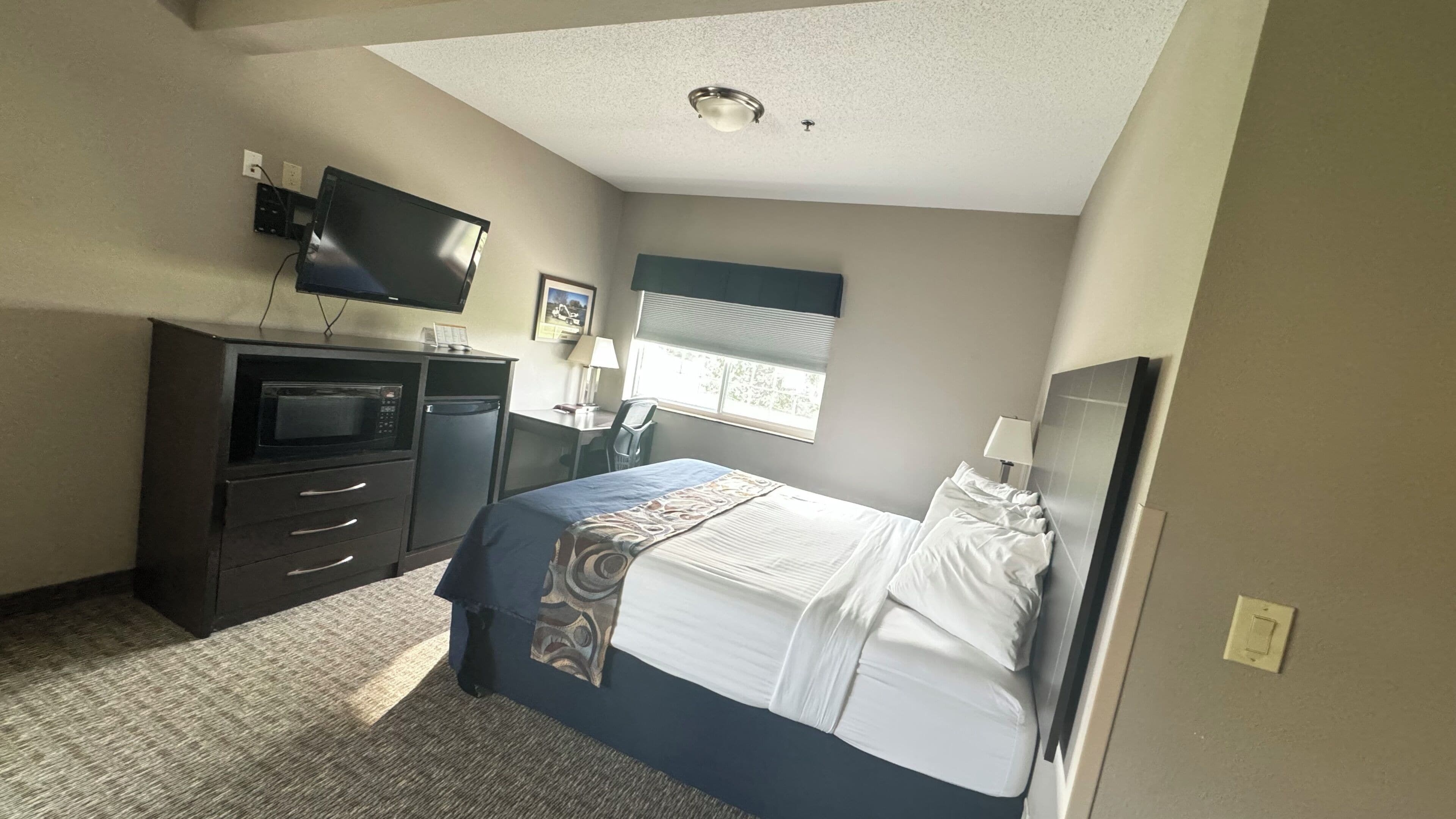 A hotel room with a bed, a desk, a television, a microwave, and a refrigerator.