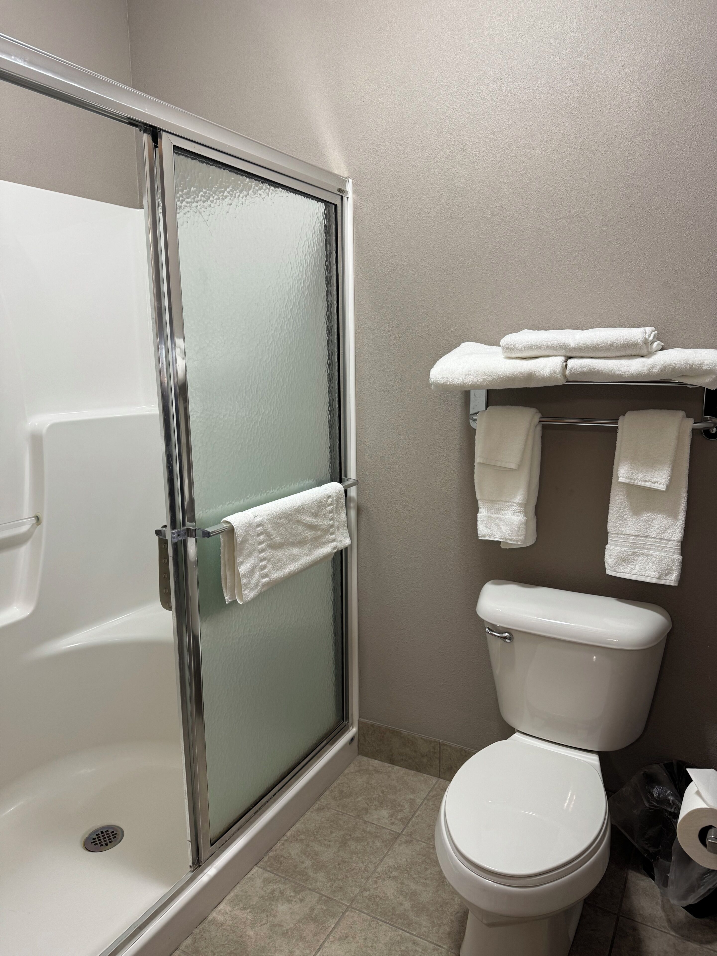 A bathroom with a glass shower enclosure, a toilet, and a towel rack with multiple towels.