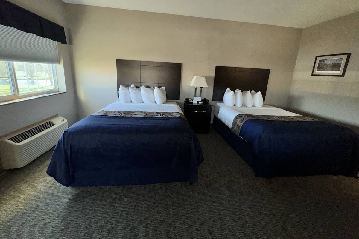 A hotel room with two beds, a nightstand with a lamp, a window, and a picture on the wall.