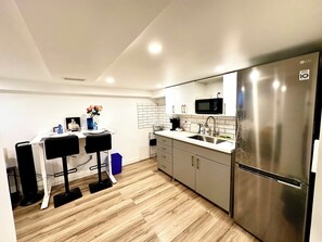 Fridge, microwave, coffee/tea maker, electric kettle