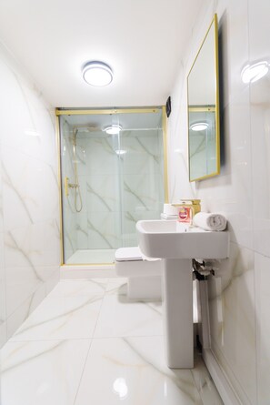 A modern bathroom with a glass-enclosed shower, a white sink, and a mirror.
