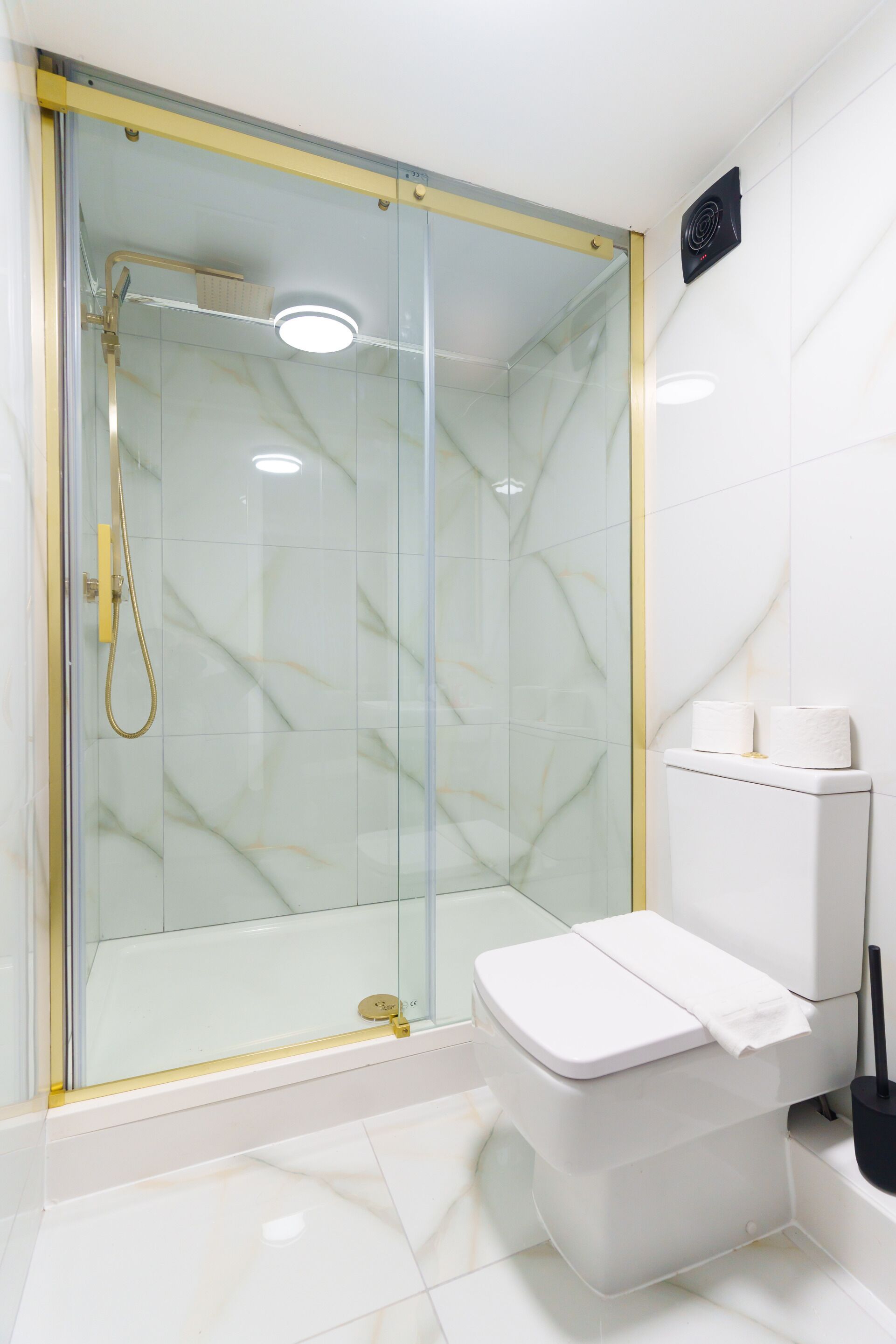 Une salle de bain moderne avec une douche à parois de verre, des toilettes blanches et un pommeau de douche noir à main.