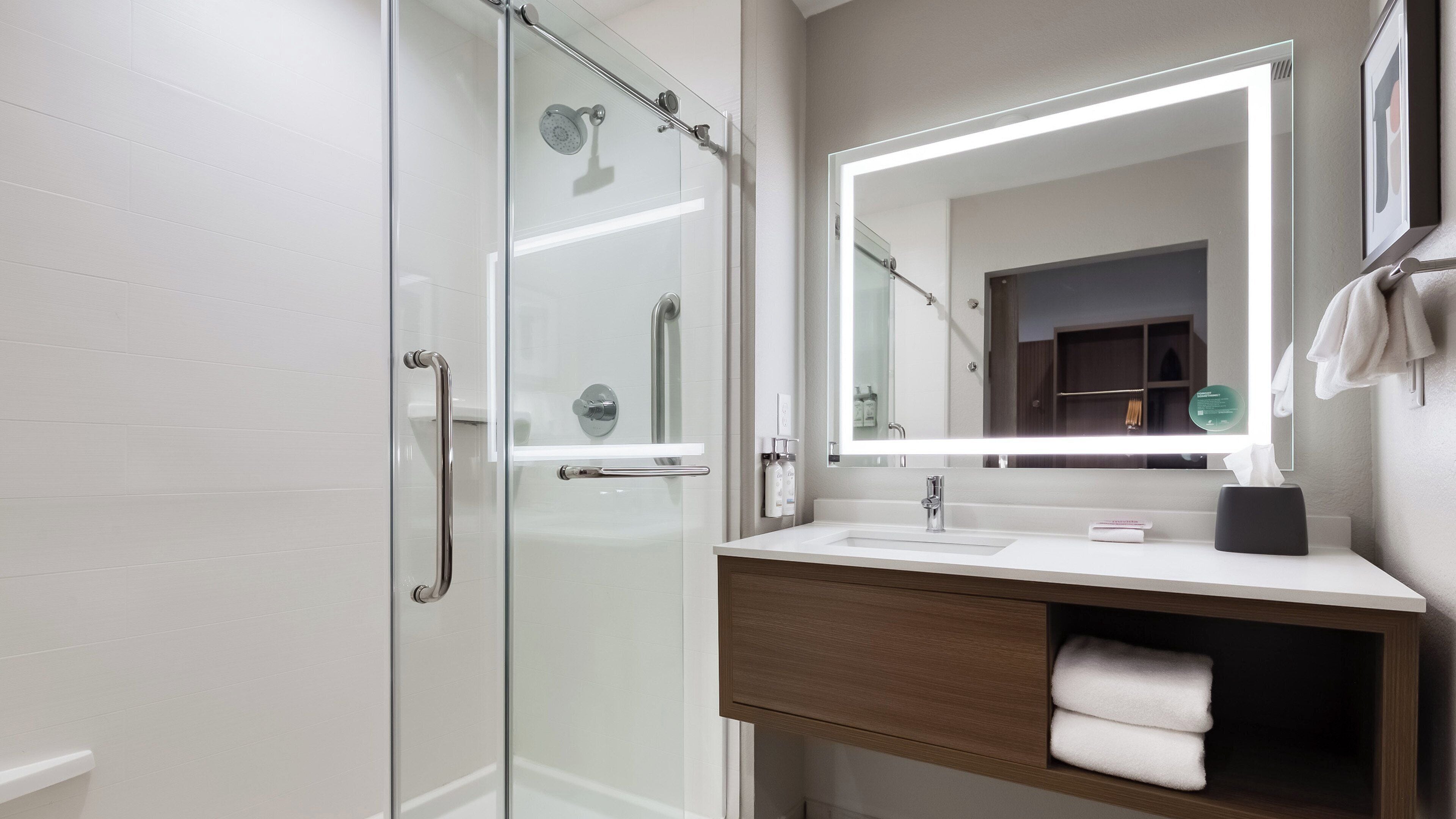 A modern bathroom with a glass shower enclosure, a white sink with a wooden vanity, and a large mirror above the vanity.