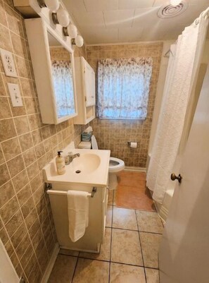 Hair dryer, towels, soap, shampoo