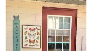 A red door with a glass window, a 'mini MONARC' sign, and a framed butterfly artwork on a beige wall.