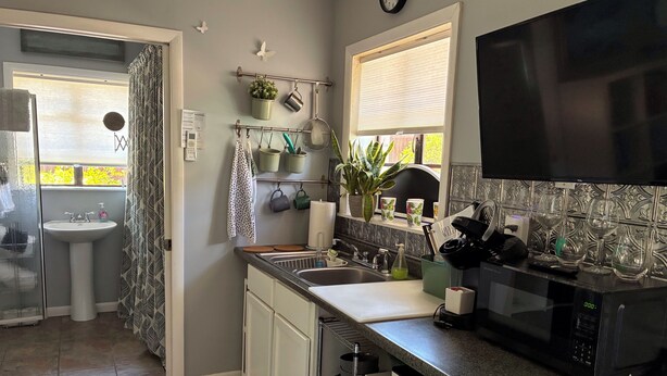 A kitchen with a sink, countertop, microwave, and a window with a view.