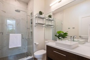 Shower, hair dryer, towels, soap