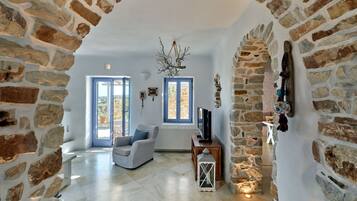 Smart TV, fireplace, books
