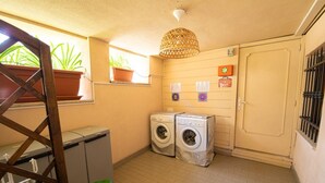 Una sala de bugaderia amb dues rentadores, una làmpada al sostre, una finestra amb plantes en testos i una porta amb un tancament de seguretat.